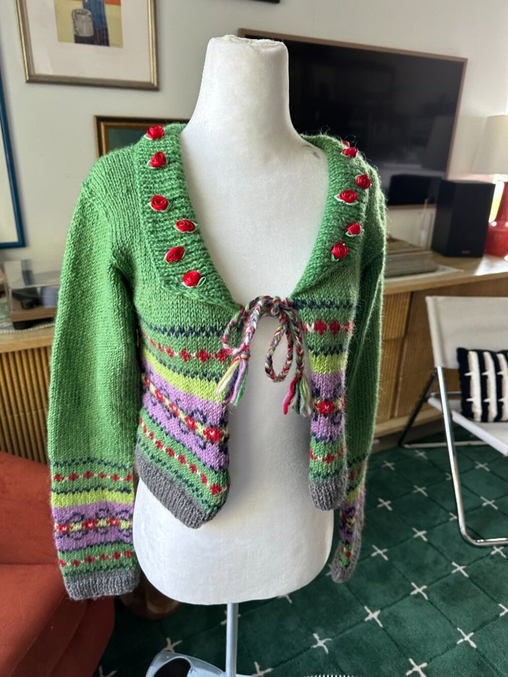 FREE PEOPLE Y2K Vintage Fair Isle Cropped Sweater Cardigan Tie Neck Rose Collar